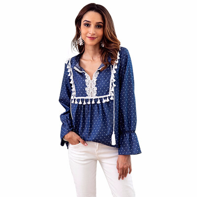 

New Womens Long-sleeved Denim Shirt Lace Stitching V-neck Drawstring Shirt