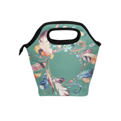

Lunch Tote Bag Feather Circle Travel Picnic Insulated Lunch Handbags Portable Zipper Lunch Bag Box