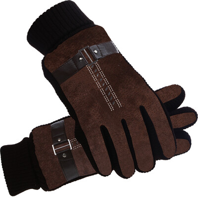 

BENORORAY gloves mens winter thickening plus velvet outdoor cycling riding pigskin gloves warm cotton gloves double strap classic coffee color