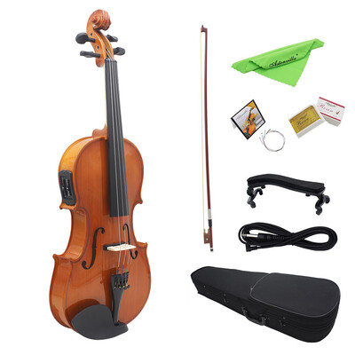 

44 Full Size Natural Acoustic EQ Violin Fiddle Solid Wood Spruce Face Board with 635mm 14" Connector Wire Shoulder Rest Bow Ros