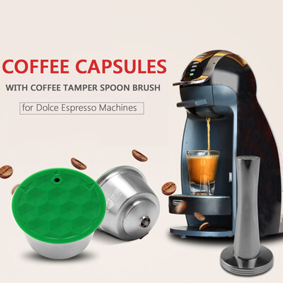

Coffee Capsules Refillable Pods Coffee Tamper Stainless Steel with Spoon Brush for Dolce Espresso Machines