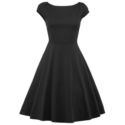 

Hepburn Vintage Series Dress Spring And Summer Round Neck Pure Color Design Elastic Sleeve Corset Women Retro Dress