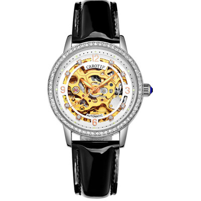 

Elegant Women Mechanical Wrist Watches Leather Watchband Automatic Clock Crystal Decoration Skeleton Dial