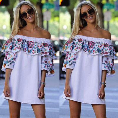 

Womens Maxi Boho Floral Summer Beach Evening Cocktail Party Off Shoulder Dress