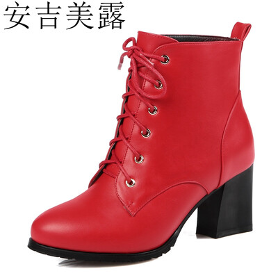 

安吉美露新款鞋粗中跟前系带短裸靴马丁靴及大脚小脚码女32 33-414243