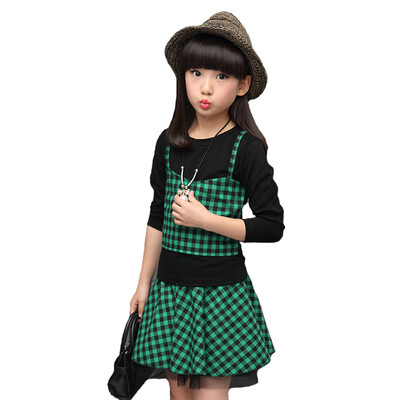 

The school of Tong Yu bears girls autumn suit 2016 New England plaid skirt girl 5-67-89-10 long sleeved two sets of win
