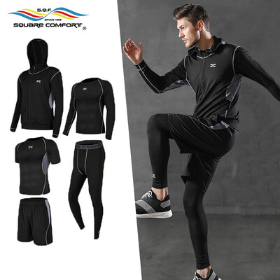 

Star plus square exercise suit sports suit mens sportswear tights fitness suit basketball quick-drying running training suit PJ502 five-piece gray