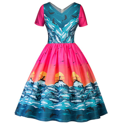 

Hepburn Vintage Series Dress Spring And Summer V-Neck Sea Printing Design Short Sleeve Corset Women Retro Dress