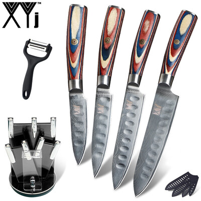 

XYj Kitchen Knives Holder Set Damascus Steel Knives Set Peeler 3 4 5 6 Cooking Knives Tools