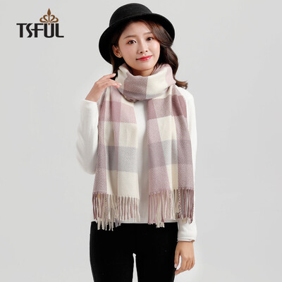 

Tsful scarf female student Korean version of the plaid fashion warm air conditioning room dual-use shawl long double-sided bib spring&autumn winter general JY846WJC milk white purple grid