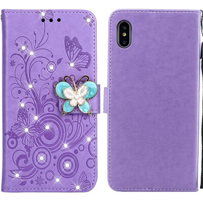 

MOONCASE Apple iPhone XR Butterfly Rhinestone Embossed Leather Case - Purple