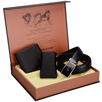 

Seven wolves men&39s belt three-piece hardcover gift set automatic buckle belt first layer of leather short paragraph wallet key bag gift L717