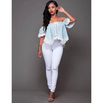 

New Fashion Women Summer Cotton Blouse Off Shoulder Loose Casual T Shirt Tops