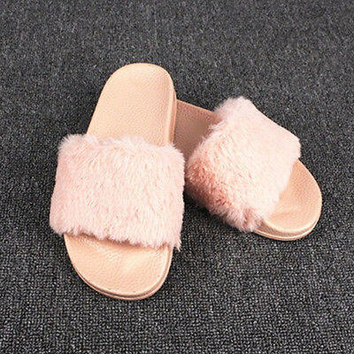 

Womens Ladies Slip On Flat Farrah Rubber Slider Mules Fur Slipper Sandals Shoes