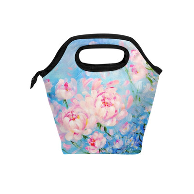 

Pink Flower Lunch Bag Tote Travel Picnic Insulated Handbags Portable Zipper Lunch Bag Box