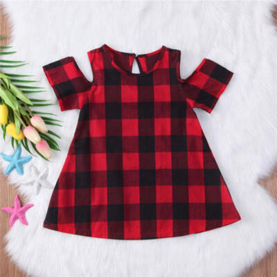 

US New Infant Baby GirlS Party Princess Cotton Plaid Off Sholder Dress Clothes