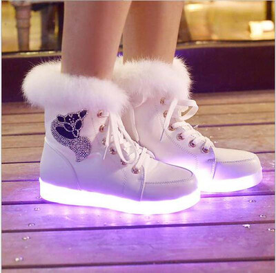 

Women Lady Faux Rabbit Fur USB LED Light Fox Ankle Boot Lace Up High Top Sneaker