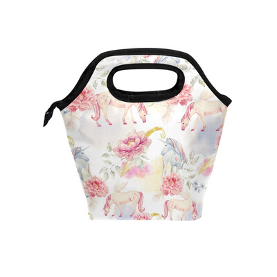 

Pink Flower Unicorn Lunch Bag Tote Travel Picnic Insulated Handbags Portable Zipper Lunch Bag Box