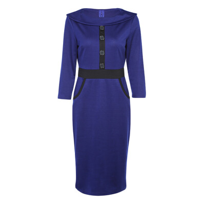 

Trendy Layered Round Collar 34 Sleeve Button Zipper Pocket Women Bodycon Dress