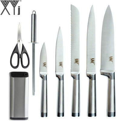 

XYj Brand 5 Pcs Kitchen Stainless Steel Knives 8 inch Knife Stand Sharpening Rod Scissor Cooking Tools