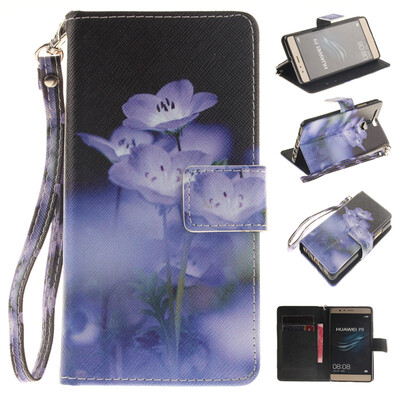 

Blue flower Design PU Leather Flip Cover Wallet Card Holder Case for HUAWEI P9
