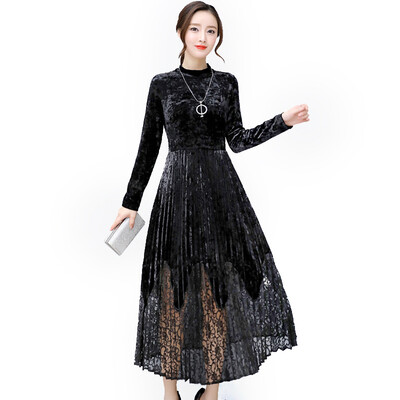 

Autumn&Winter New Self-Cultivation Waist High-Necked Gold Velvet Long-Sleeved Pleated Dress