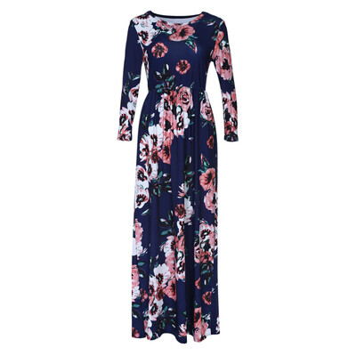 

Trendy Round Collar 34 Sleeve Floral Print Pocket Women Maxi Dress