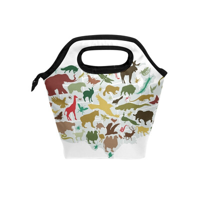 

Lunch Tote Bag Animal Map Travel Picnic Insulated Lunch Handbags Portable Zipper Lunch Bag Box