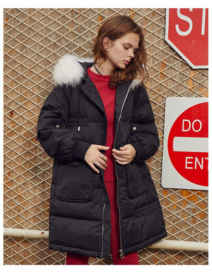 

Tide brand winter new zipper hooded fur collar pocket long paragraph warm down jacket