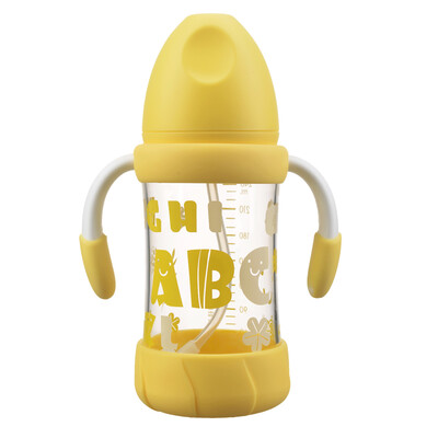 

Rikang wide mouth glass bottle newborn automatic straw bottle shatter-resistant wide mouth handle 240ml yellow RK-N1015