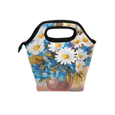 

Lunch Tote Bag Painting White Daisy Travel Picnic Insulated Lunch Handbags Portable Zipper Lunch Bag Box