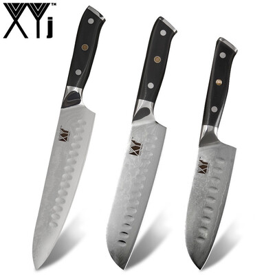 

XYj 3pcs Damascus Steel Knives Set Chef Santoku Knives Meat Fish Fruit Kitchen Accessory