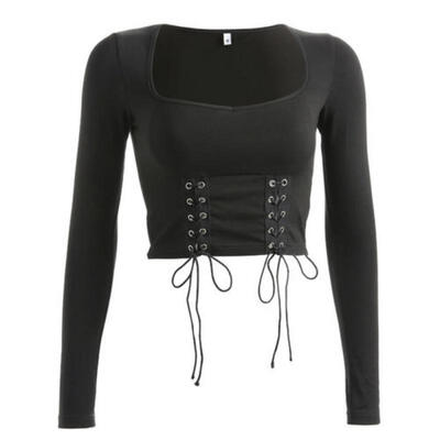 

Sexy Women Bandage Crop Top Ladies Long Sleeve Plain Short Stretch Black T Shirt