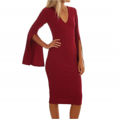 

UK Women Ladies V-Neck Bell-Sleeve Bodycon Evening Party Clubwear Cocktail Dress