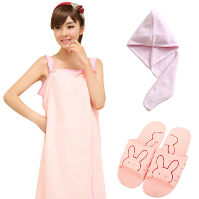 

Jingdong supermarket] green reed bath 3 sets of Variety towel skirt sweat dry hair cap bath napkin slippers 38-39 yards pink