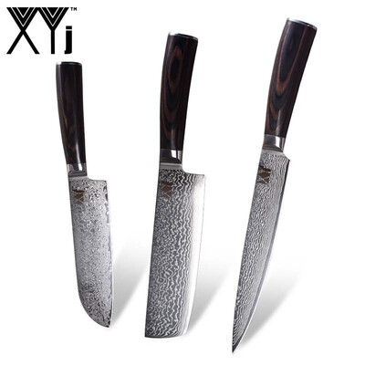 

XYj 3 Piece Damascus Knife Damascus Kitchen Knife VG10 Damascus Steel Pattern Blade Color Wood Handle Cooking Knives