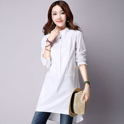 

JIANZHI JIANZHI 2017 Autumn Cotton Dresses Sen Department of loose large size cotton semi-high collar ladies temperament long sleeve dress B8501 white L