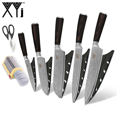 

XYj Kitchen Cooking Knife Set Damascus Pattern Blade Color Wood Handle Knife with Scissor Knife Sharpener Kitchen Tools