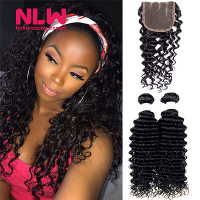

N.L.W. 10A Brazilian virgin human hair 4 bundles with closure Deep wave hair weaves with closure