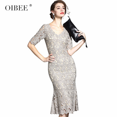 

OIBEE2018 autumn new fashion V-neck five-point sleeve fishtail pendulum embroidery long lace dress dress
