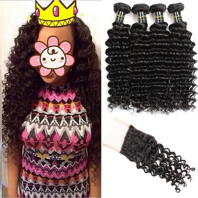 

7A Malaysian Deep Curly With Lace Closure Deep Wave With Closure Human Hair 4 Bundles Malaysian Virgin Hair with Closure