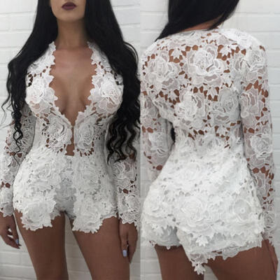 

UK Womens 3 Colour Evening Party Playsuit Ladies Lace Jumpsuit Size 8 - 16 UK