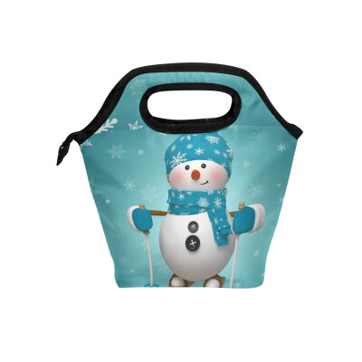 

Insulated Lunch Tote Bag Blue Snowman Travel Picnic Lunch Handbags Portable Zipper Lunch Bag Box