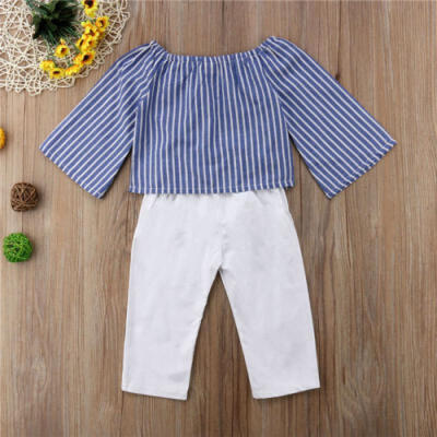 

Newborn Kids Baby Girls Striped Off Shoulder Tops T-ShirtLong Pants Outfits Set