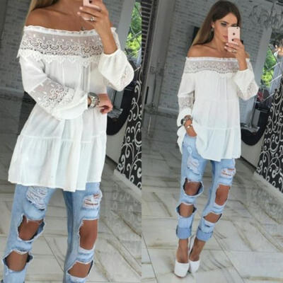 

UK Summer Womens Chiffon Off Shoulder Shirt Flare Long Sleeve Blouse Casual Tops