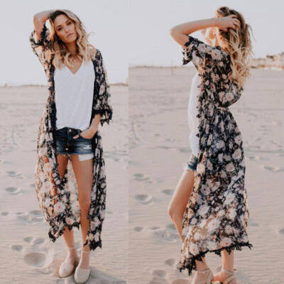 

Women Floral Print Chiffon Loose Shawl Kimono Cardigan Top Cover up Shirt Blouse