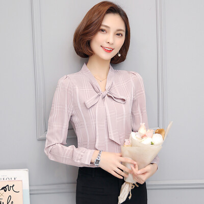 

юмористические дамы 2017 весной корейской версии сладкий галстук-бабочка с рубашкой V-образным вырезом шифон рубашка с длинными рукавами дном рубашки SU020 Хаки М