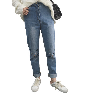 

Long Yue Women 2017 spring new embroidery cat retro high waist jeans boyfriend wind loose thin trousers LWKN171104 light blue L
