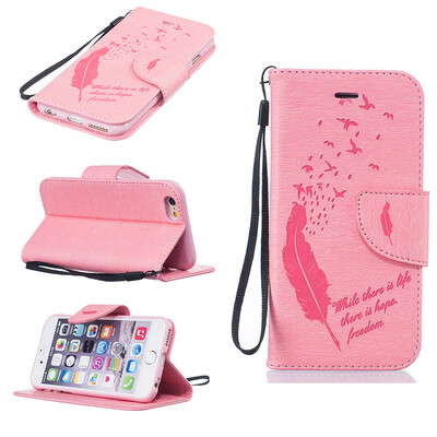 

Pink Feathers and birds Style Embossing Classic Flip Cover with Stand Function and Credit Card Slot for IPHONE 6/6S