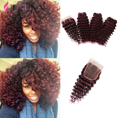 

Deep Wave Malaysian Hair 4pcs Lot Kinky Curly Weave Human Hair Bundles 99j Remy Human Hair Extensions Deep Curly With closure